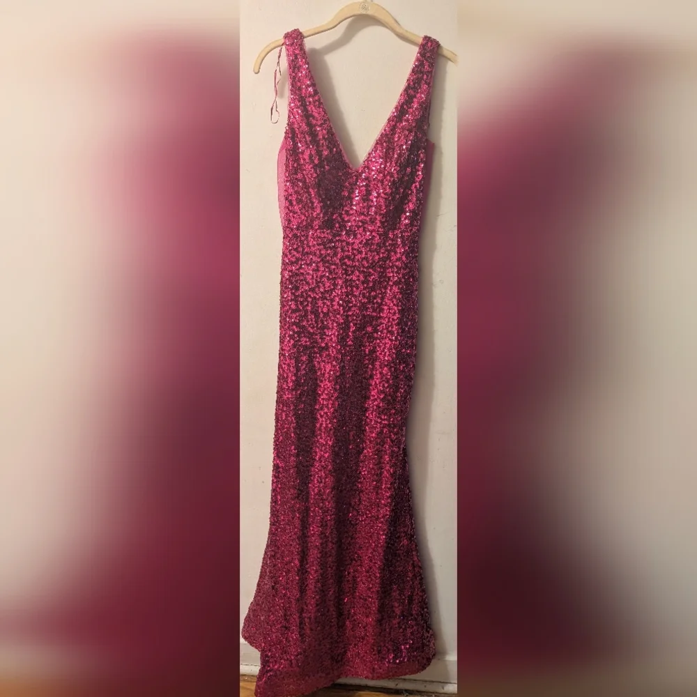 Morgan & Co. Fuchsia Sequin V-Neck Maxi Dress - Picture 1 of 8